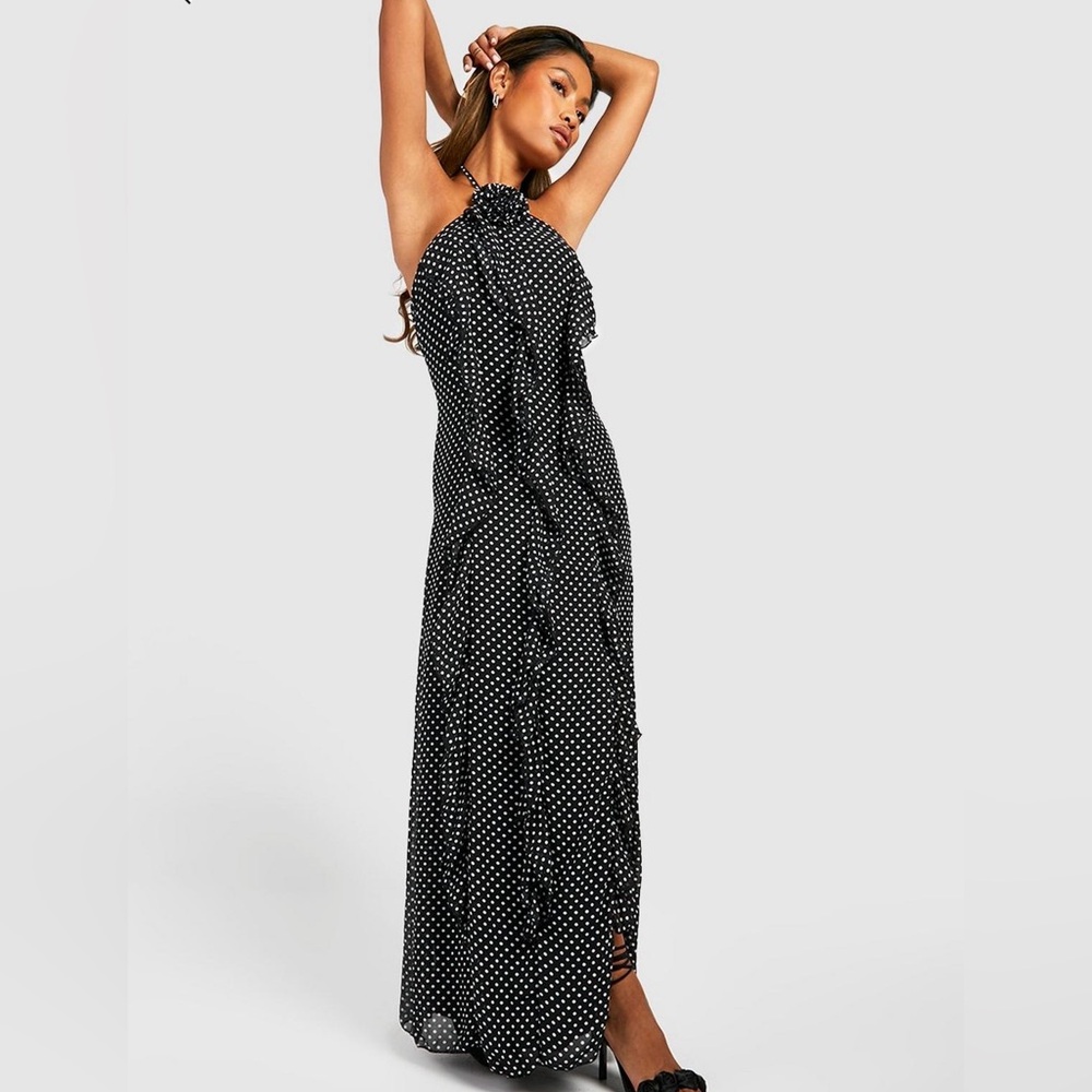 Boohoo Polka Dot Ruffle Maxi Dress